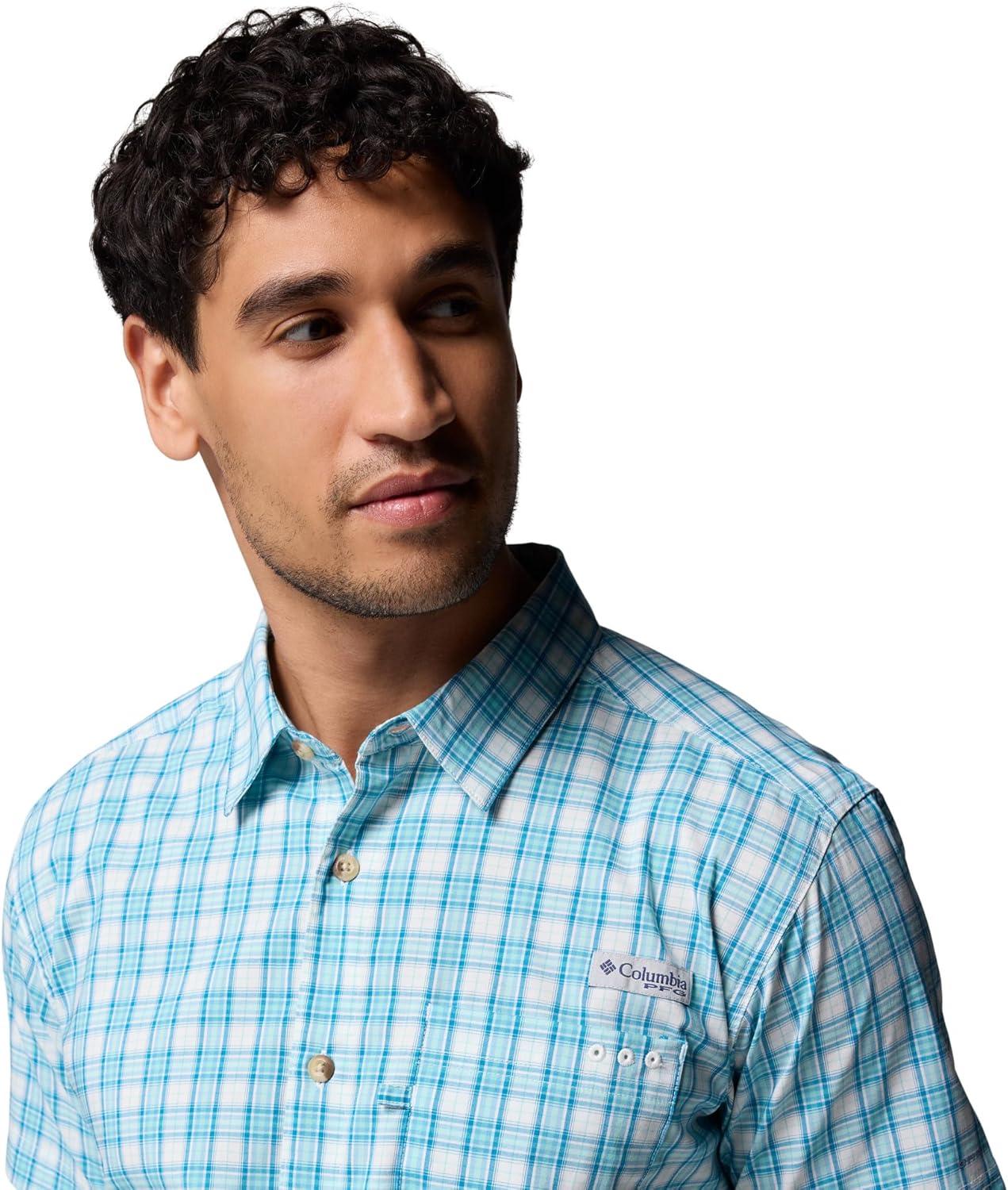 imageColumbia Mens Harbor Peak Short Sleeve ShirtBlue Echo Wayward Tartan