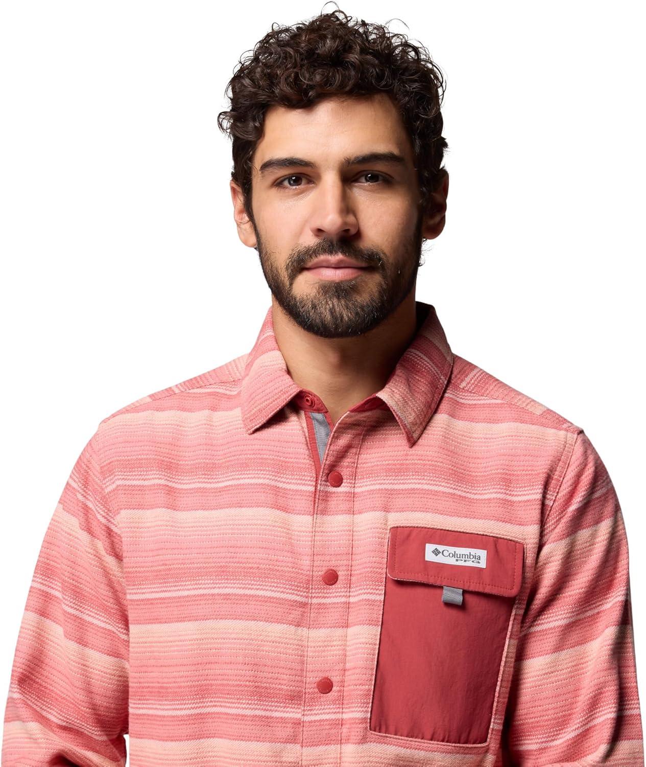 imageColumbia Mens PFG Uncharted Over ShirtDusty Crimson Twilights Stripe