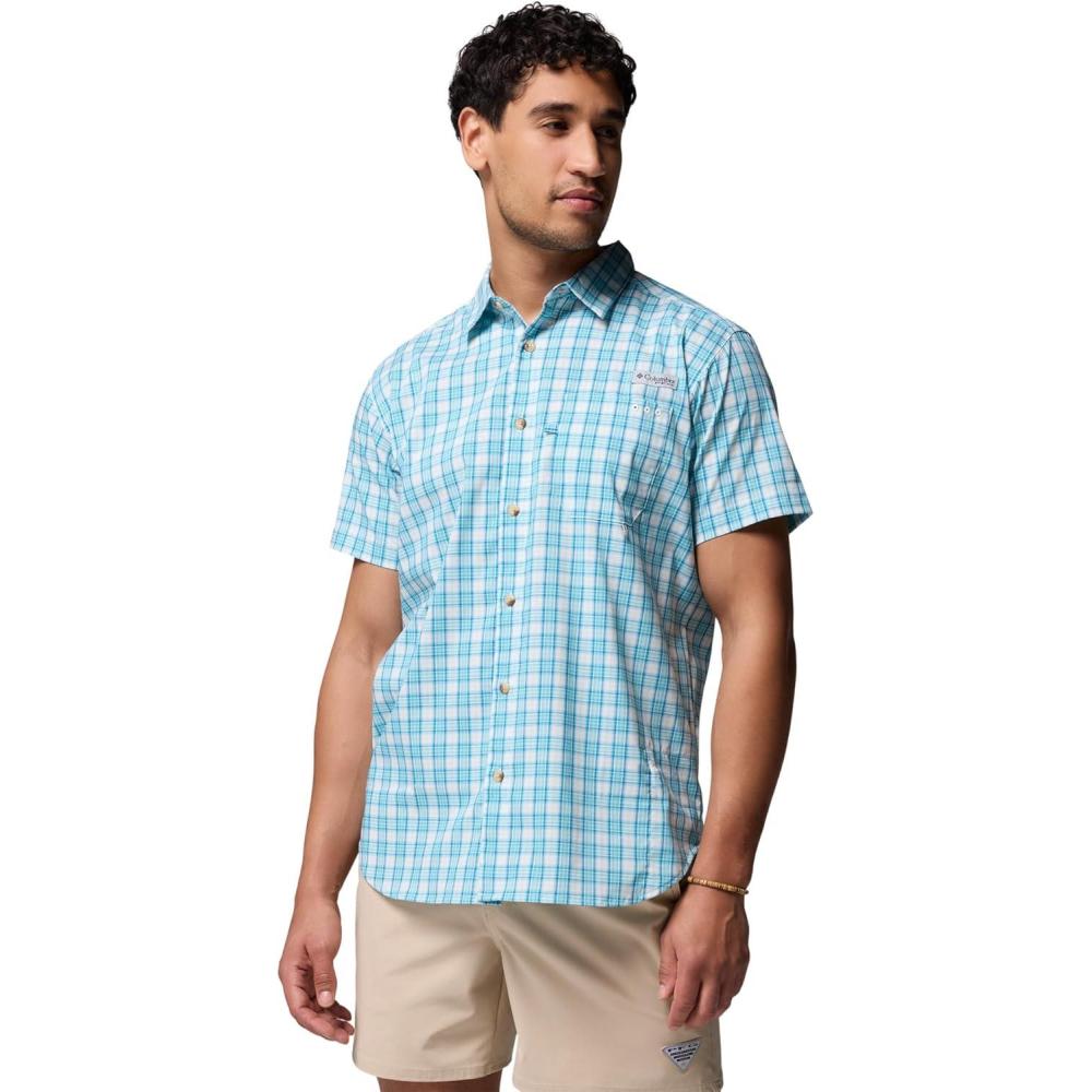 imageColumbia Mens Harbor Peak Short Sleeve ShirtBlue Echo Wayward Tartan