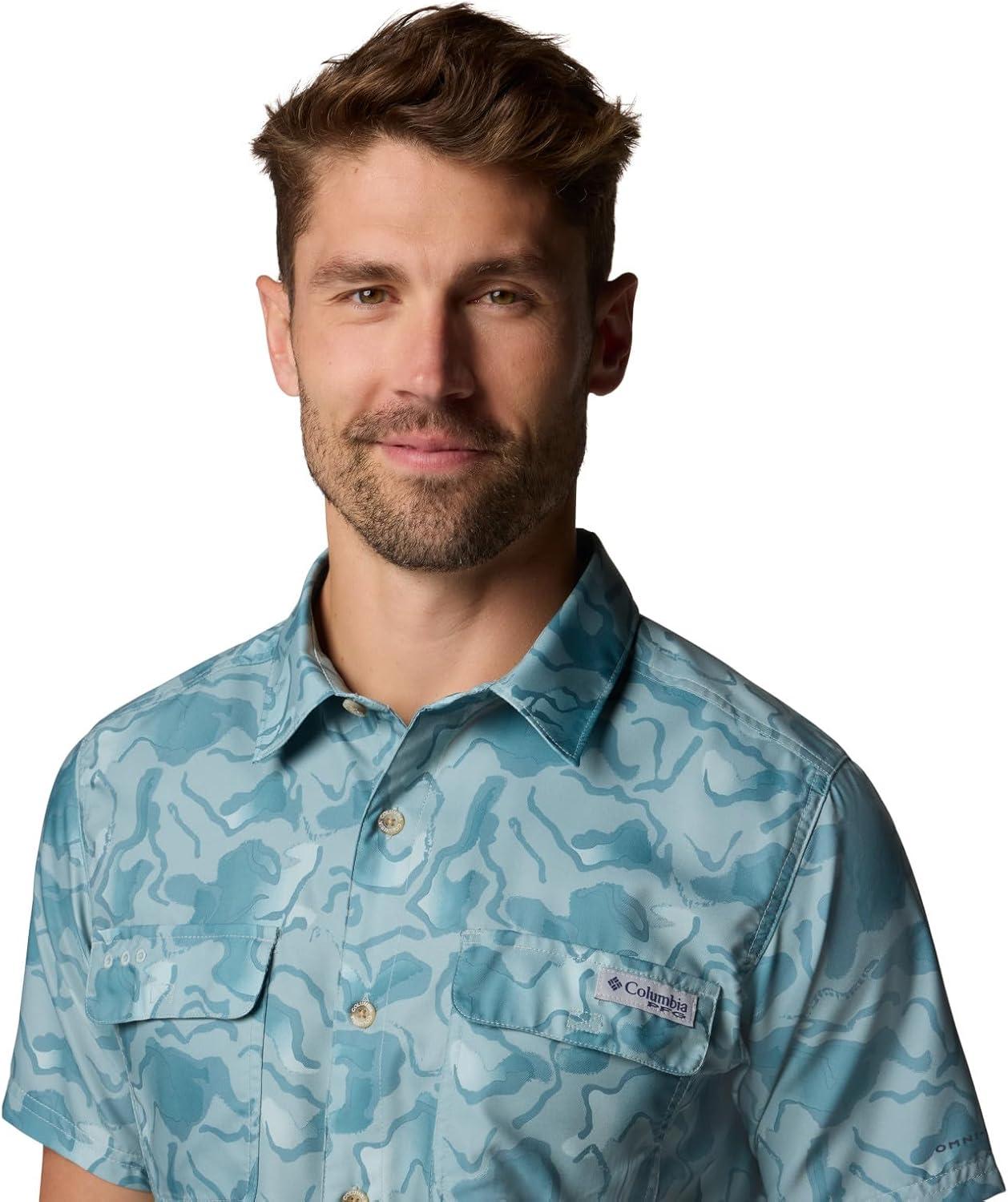 imageColumbia Mens PFG Uncharted Printed Short Sleeve ShirtCrushed Blue Swamplands
