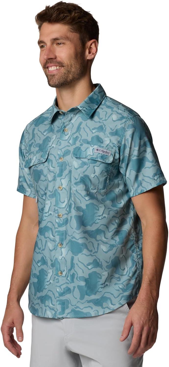 imageColumbia Mens PFG Uncharted Printed Short Sleeve ShirtCrushed Blue Swamplands