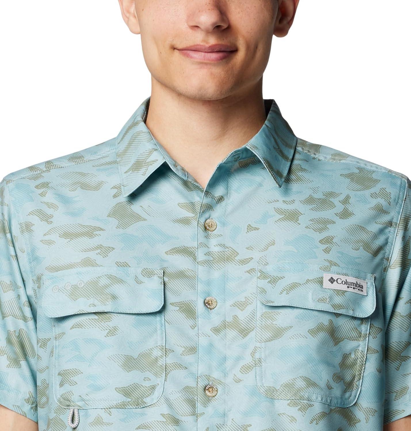 imageColumbia Mens PFG Uncharted Printed Short Sleeve ShirtCrushed Blue Uncharted Waters