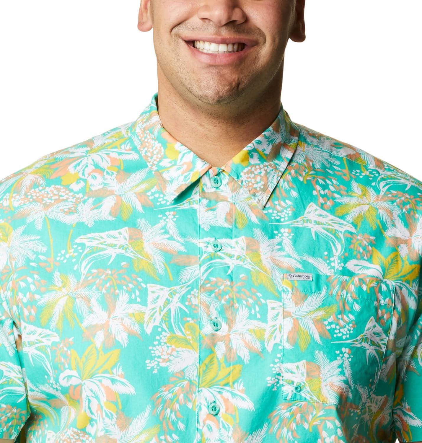 imageColumbia Mens Super Tamiami Long Sleeve ShirtElectric Turquoise Festive Fishin Print