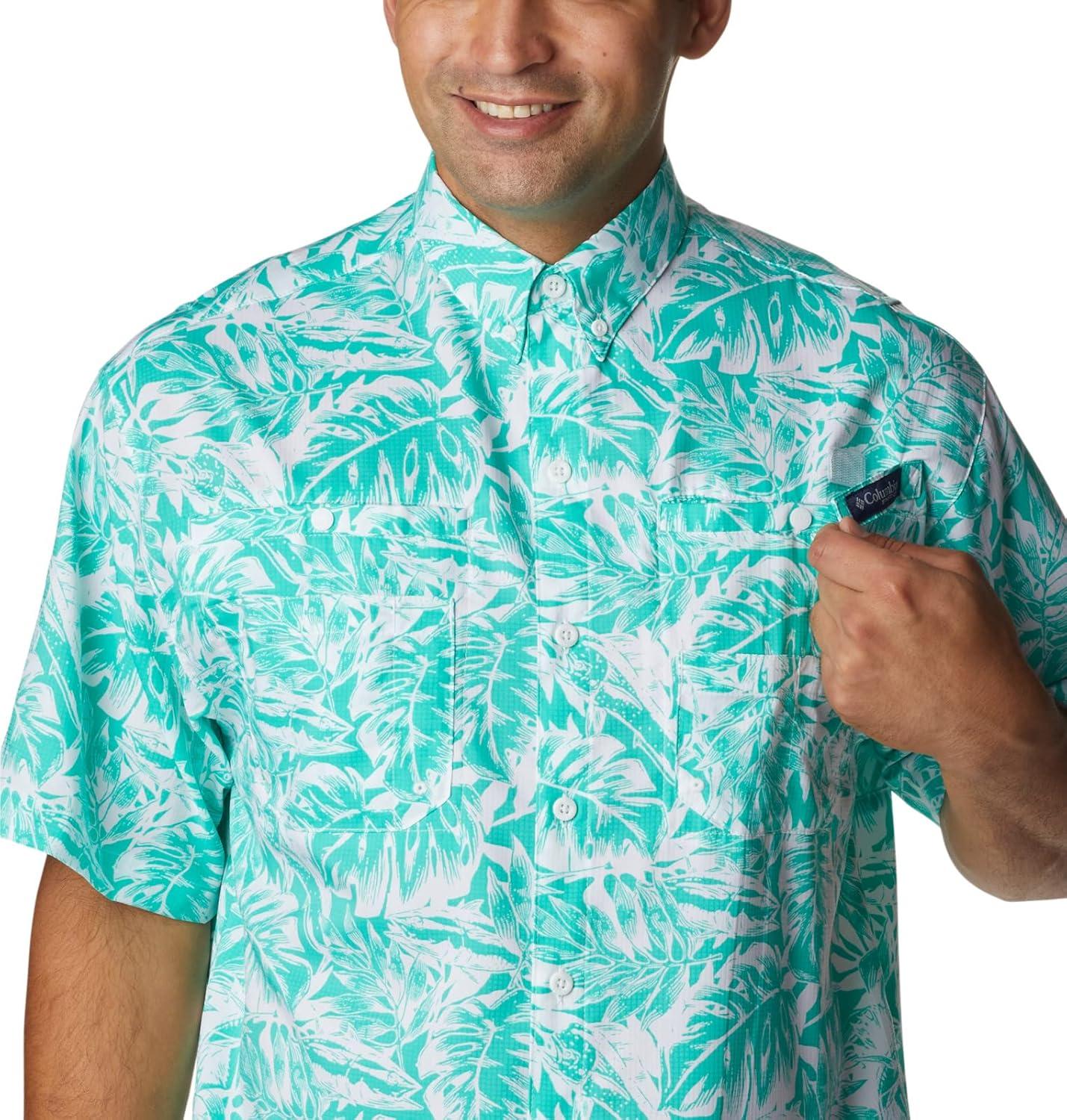 imageColumbia Mens Super Tamiami Long Sleeve ShirtElectric Turquoise Hawaiian Throwback Print