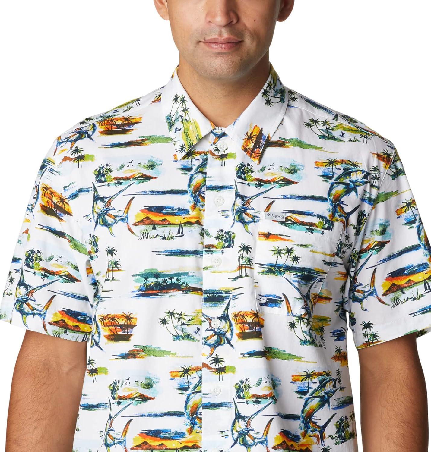 imageColumbia Mens Super Tamiami Long Sleeve ShirtWhite Watercolor Island Print