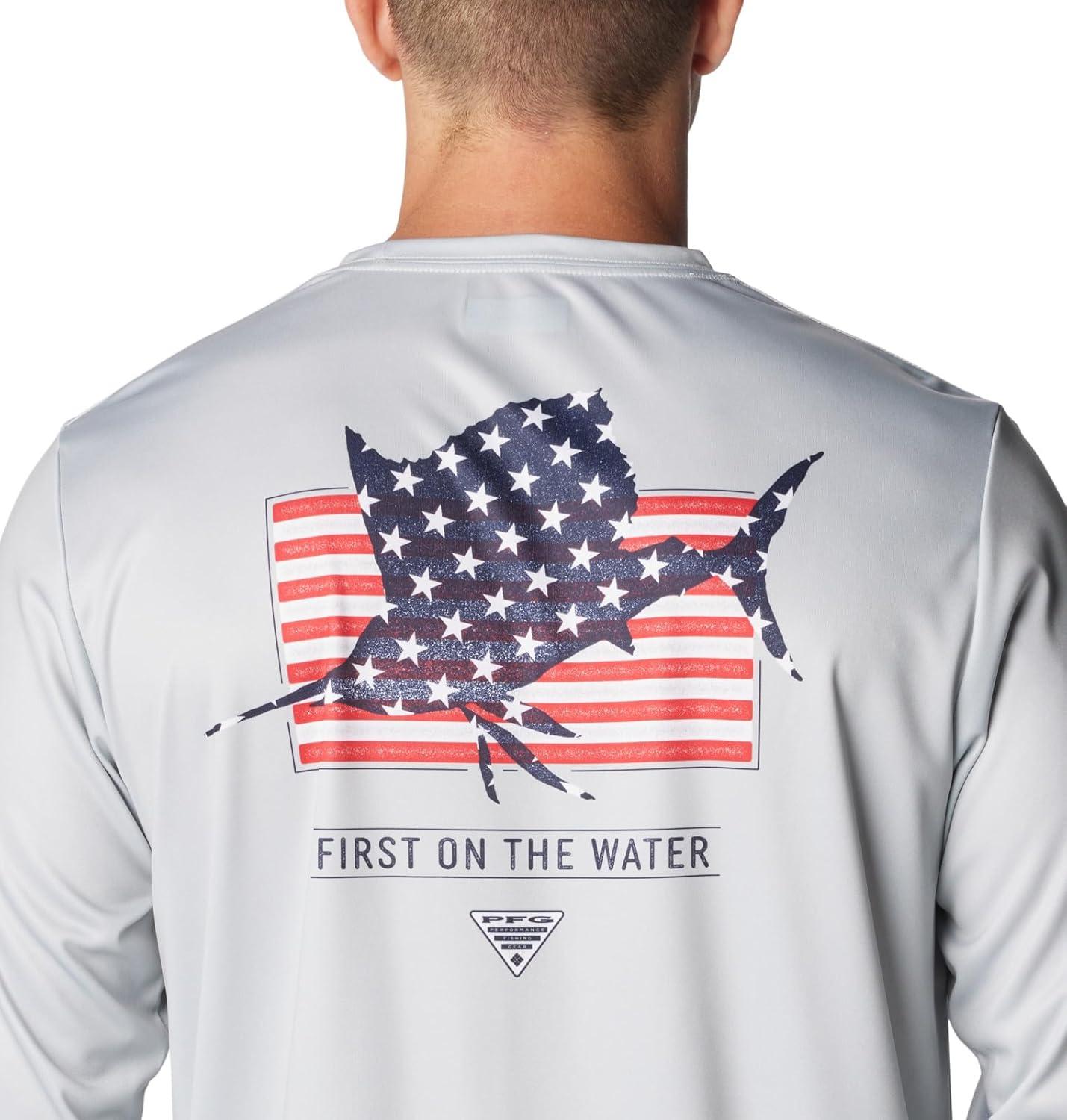 imageColumbia Mens Terminal Tackle PFG Fins and Stripes Long SleeveCool GreyFins Stripes