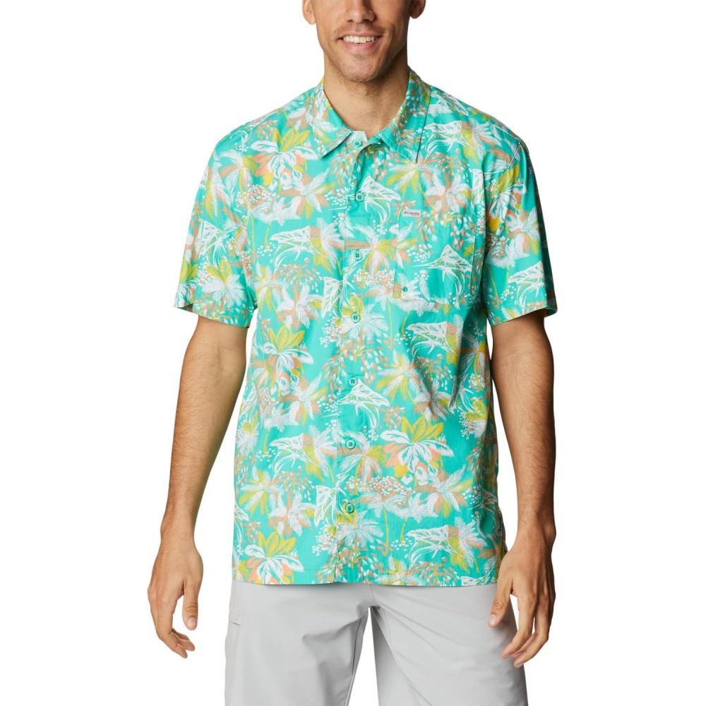 imageColumbia Mens Super Tamiami Long Sleeve ShirtElectric Turquoise Festive Fishin Print