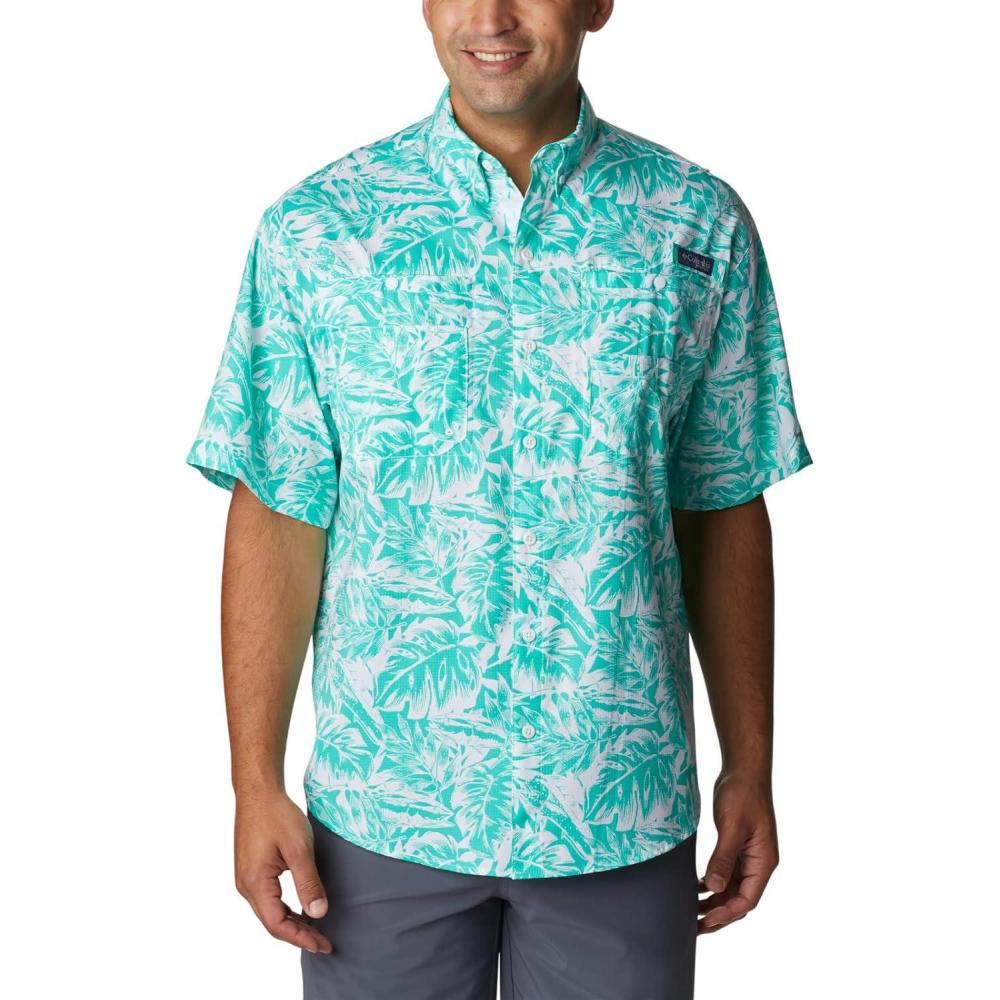 imageColumbia Mens Super Tamiami Long Sleeve ShirtElectric Turquoise Hawaiian Throwback Print