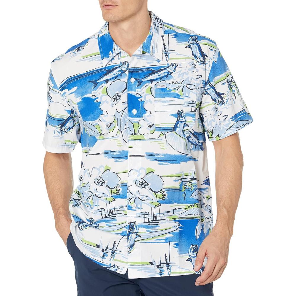 imageColumbia Mens Super Tamiami Long Sleeve ShirtHarbor Blue Marina Vacation Print