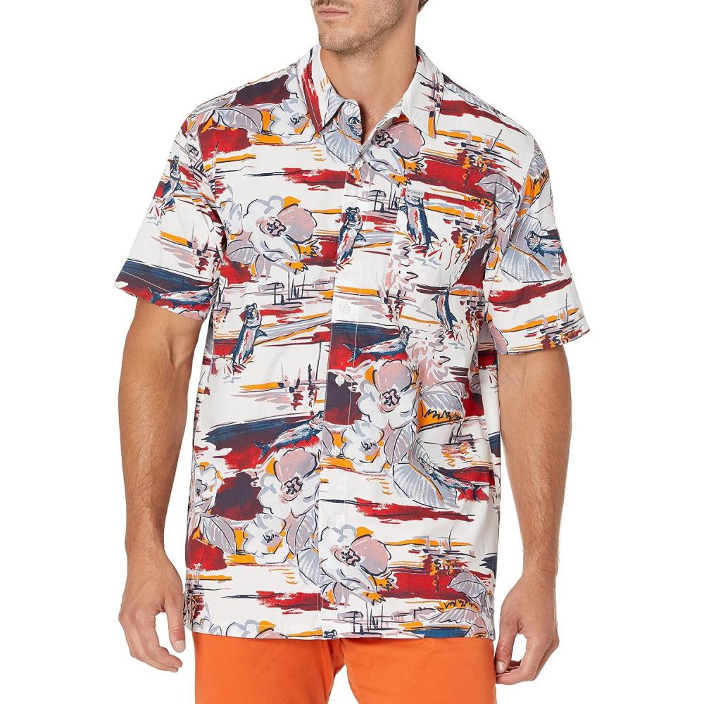 imageColumbia Mens Super Tamiami Long Sleeve ShirtRed Spark Marina Vacation Print