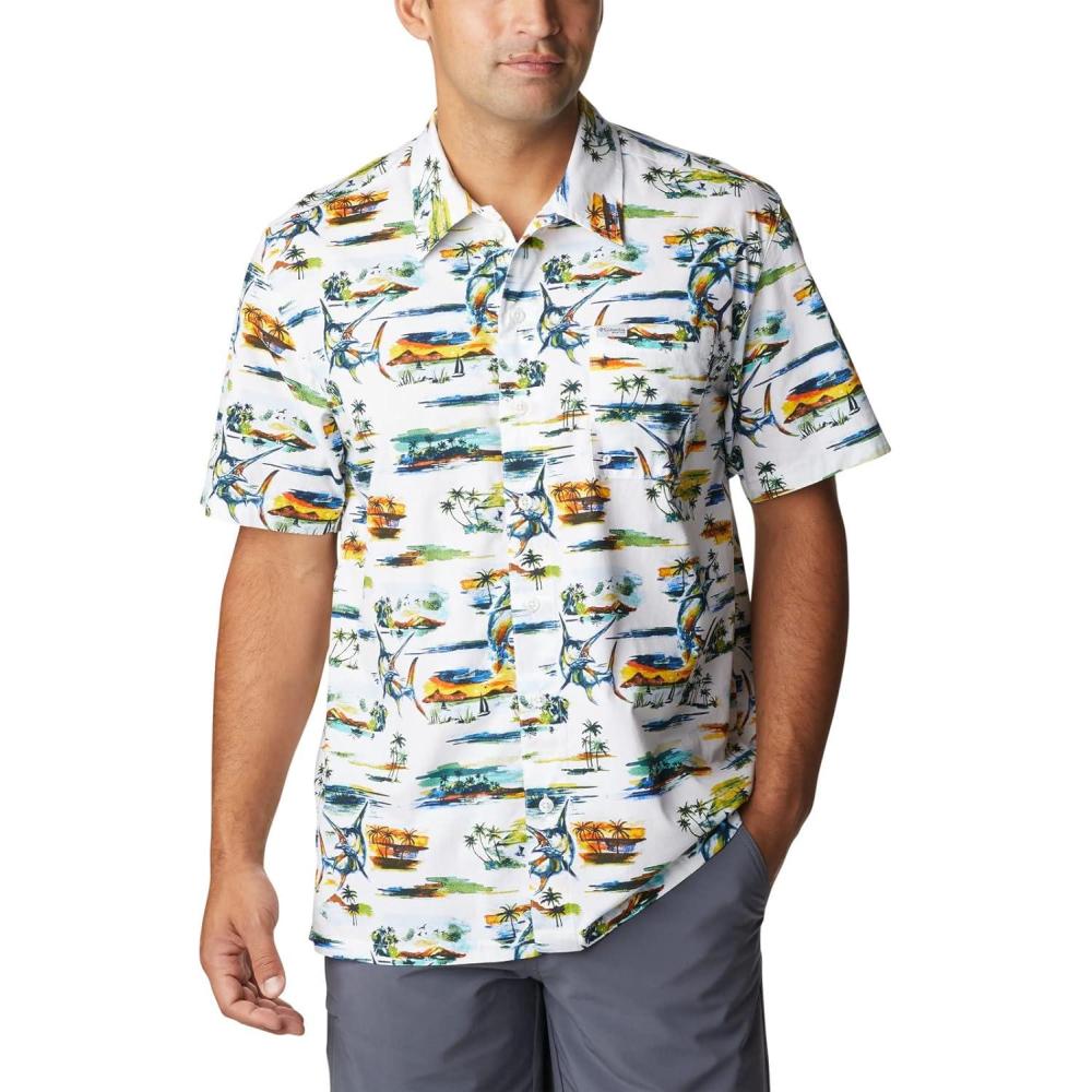 imageColumbia Mens Super Tamiami Long Sleeve ShirtWhite Watercolor Island Print