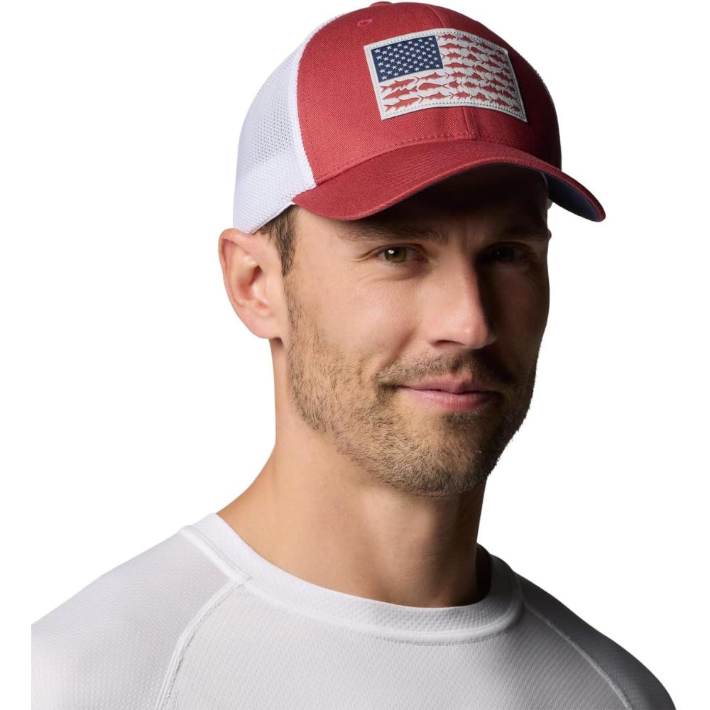 imageColumbia Unisex Adult PFG Logo Mesh Ball CapDusty CrimsonWhiteNocturnal