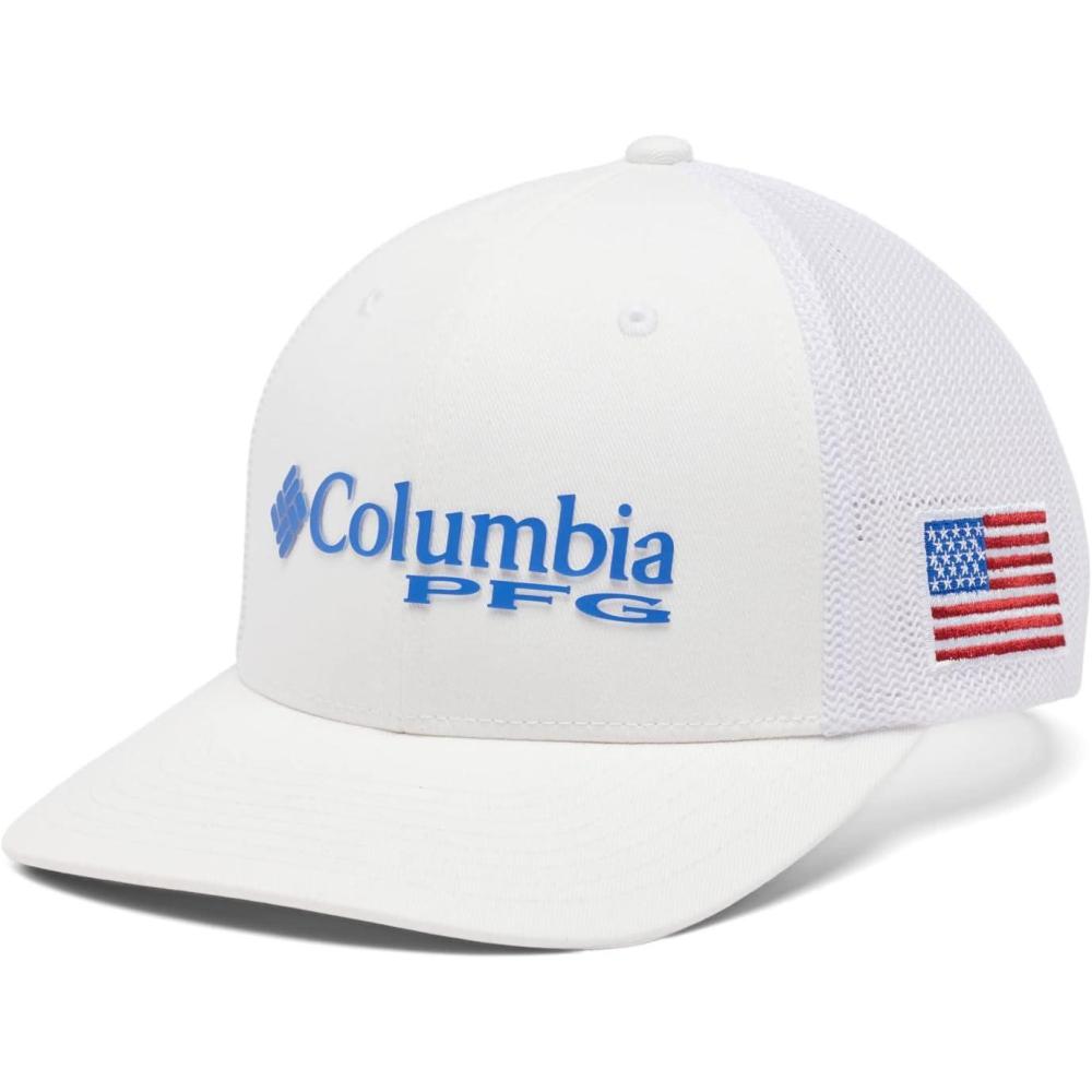 imageColumbia Unisex Adult PFG Logo Mesh Ball CapWhite Vivid Blue Usa Flag