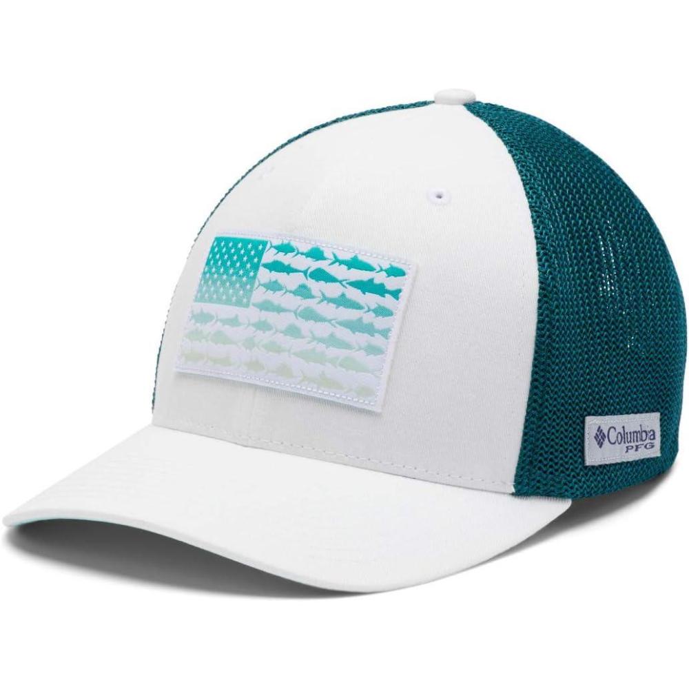 imageColumbia Unisex Adult PFG Logo Mesh Ball CapWhiteAegean BlueFade Fish Flag