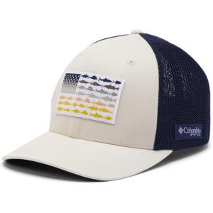 Columbia Unisex Adult PFG Logo Mesh Ball Cap(Stone/Collegiate Navy/Fade Fish Flag)