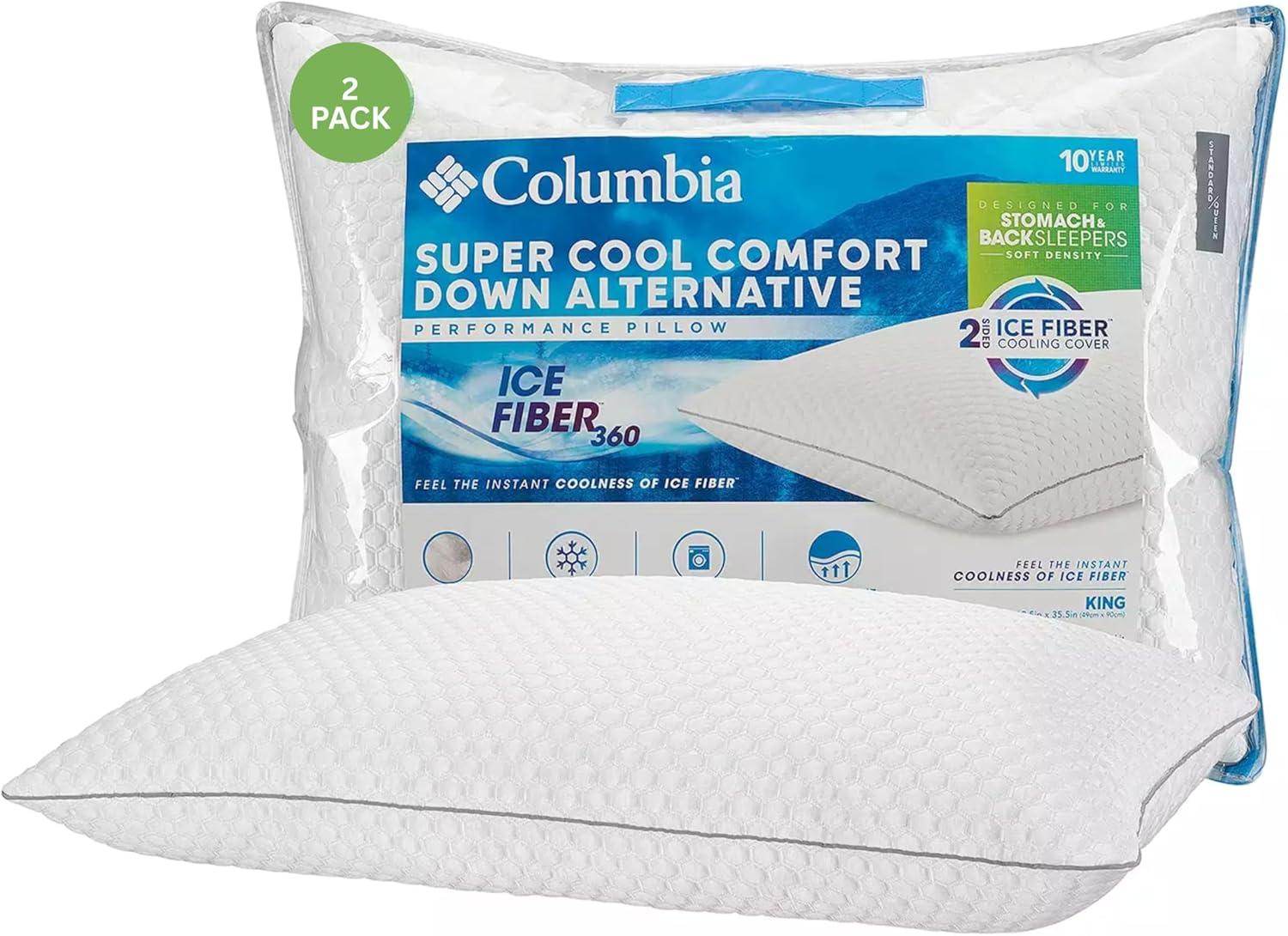 imageColumbia Comfort Ice Fiber Side Sleeper Down Alternative Bed Pillow with Polyester Fiberfill Supportive Cooling Double Sided Breathable Cover Back ampamp Stomach Sleeper StandardQueen Pack of 1Back Stomach Sleeper