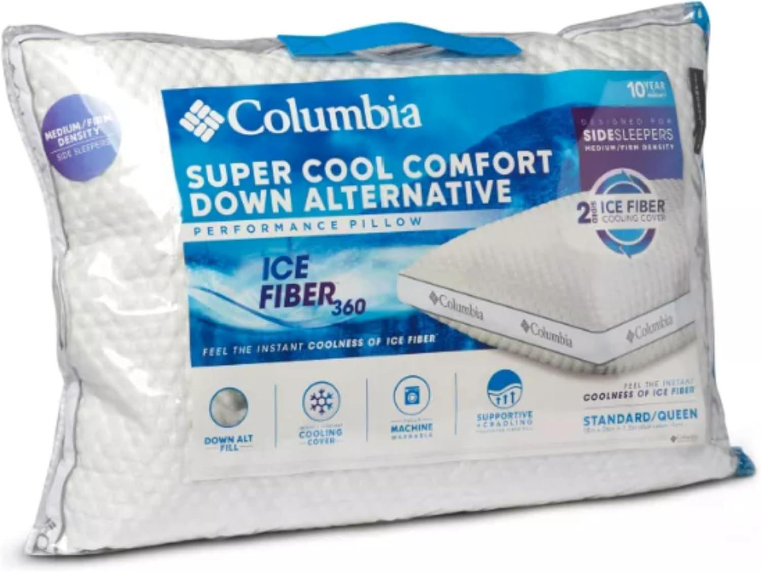 imageColumbia Comfort Ice Fiber Side Sleeper Down Alternative Bed Pillow with Polyester Fiberfill Supportive Cooling Double Sided Breathable Cover Back ampamp Stomach Sleeper StandardQueen Pack of 1Side Sleeper