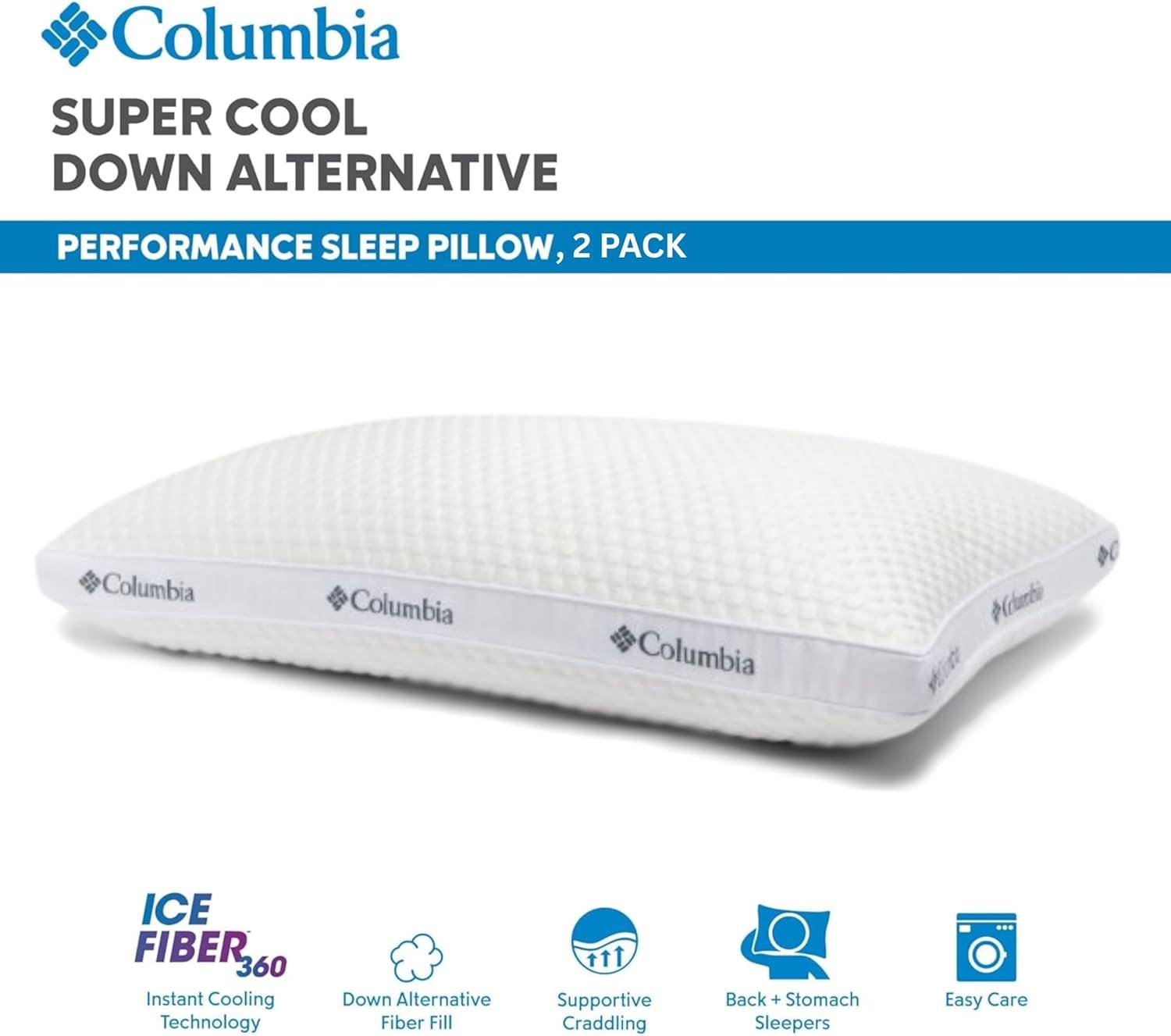 imageColumbia Comfort Ice Fiber Side Sleeper Down Alternative Bed Pillow with Polyester Fiberfill Supportive Cooling Double Sided Breathable Cover Back ampamp Stomach Sleeper StandardQueen Pack of 1Back Stomach Sleeper