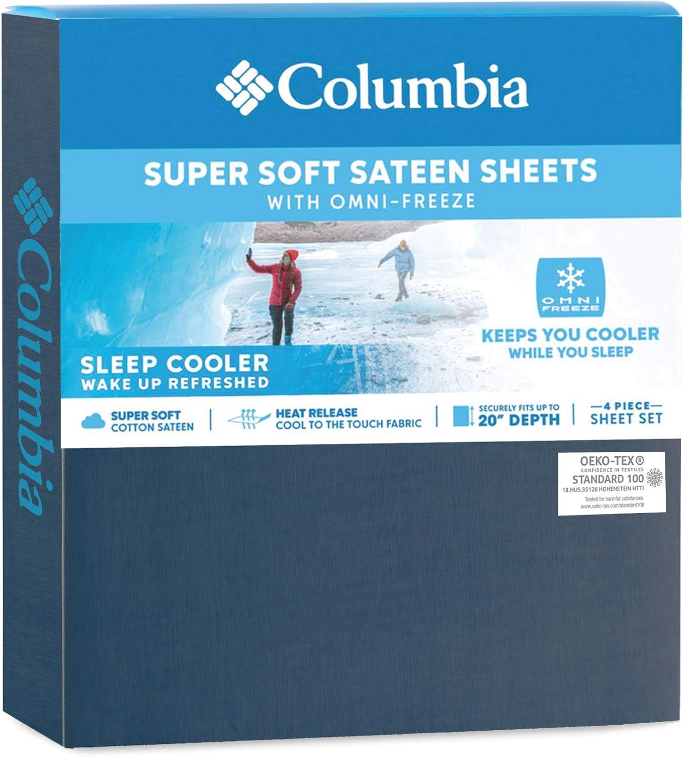 imageColumbia Omni Freeze Super Soft Breathable MoistureWicking Cooling Sateen Flat Sheet Fitted Sheet and Pillow Case Set Luxury 4 Piece White Queen Bedsheets SetNocturnal