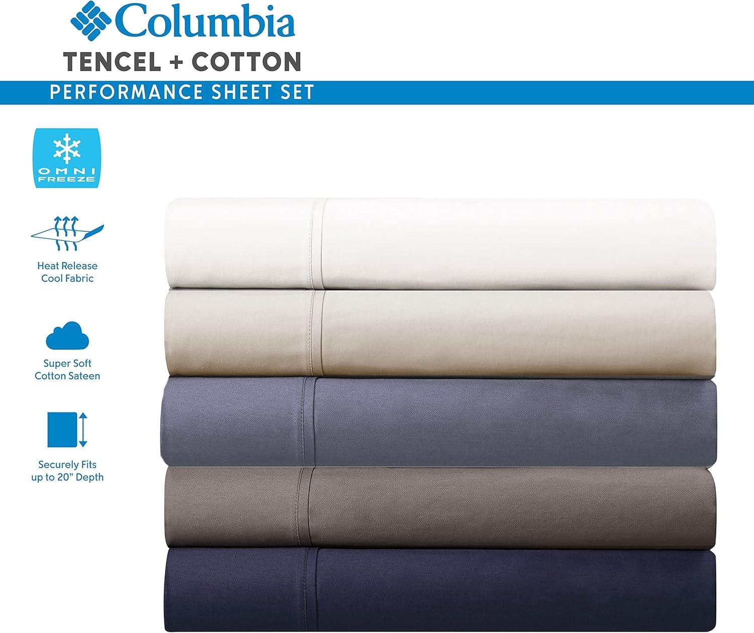 imageColumbia Omni Freeze Super Soft Breathable MoistureWicking Cooling Sateen Flat Sheet Fitted Sheet and Pillow Case Set Luxury 4 Piece White Queen Bedsheets SetNocturnal