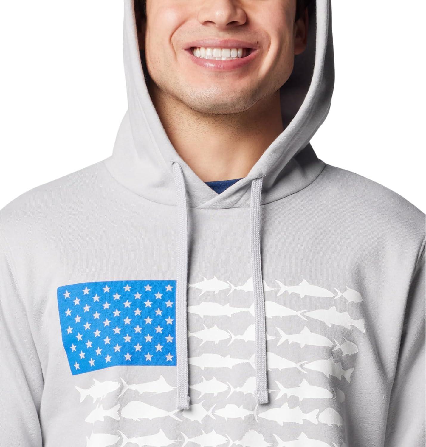 imageColumbia mens Pfg Fish Flag II HoodieCool GreyVivid Blue Usa