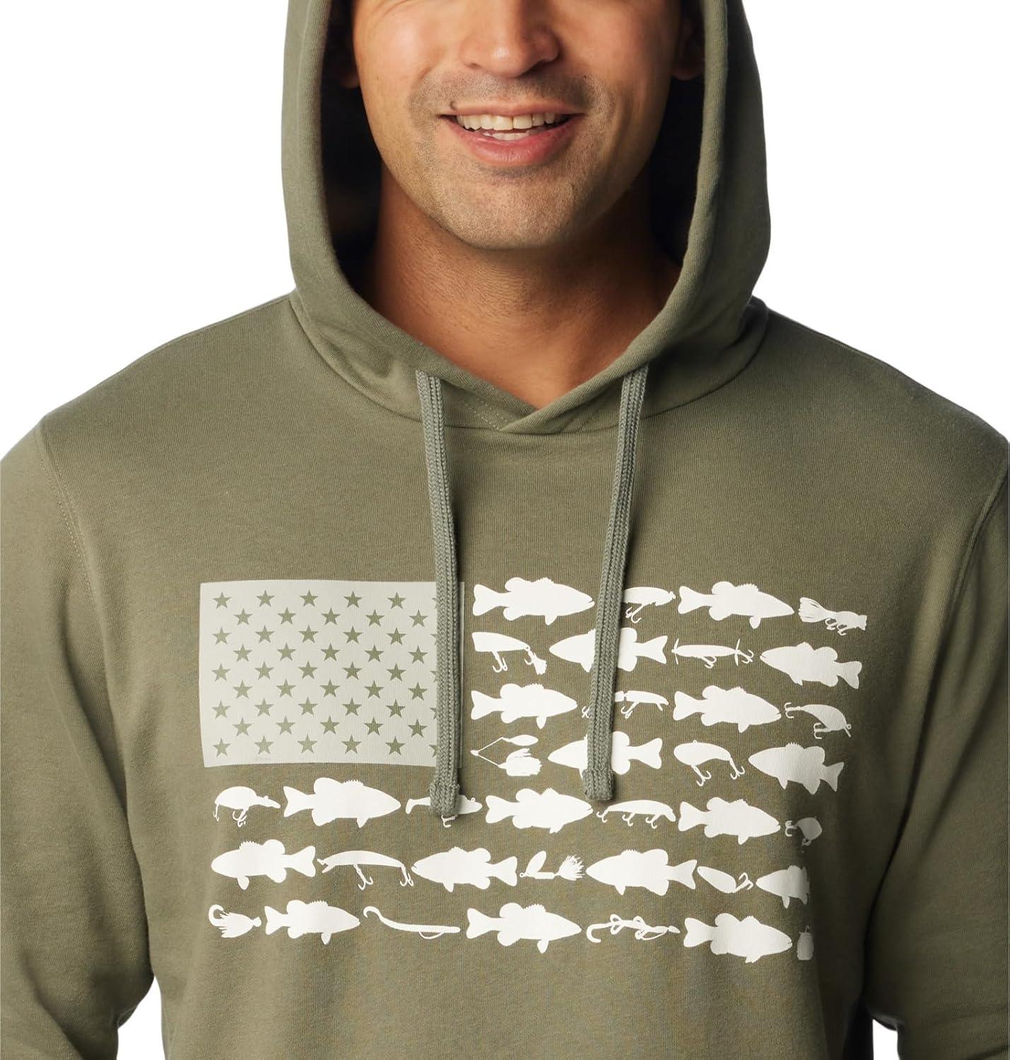imageColumbia mens Pfg Fish Flag II HoodieCypressCool Grey Bass Lures