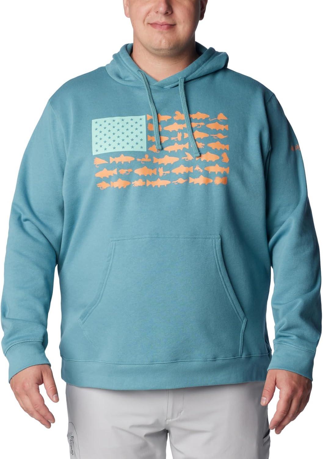 imageColumbia mens Pfg Fish Flag II HoodieTranquil TealOrange Reef Trout Flies