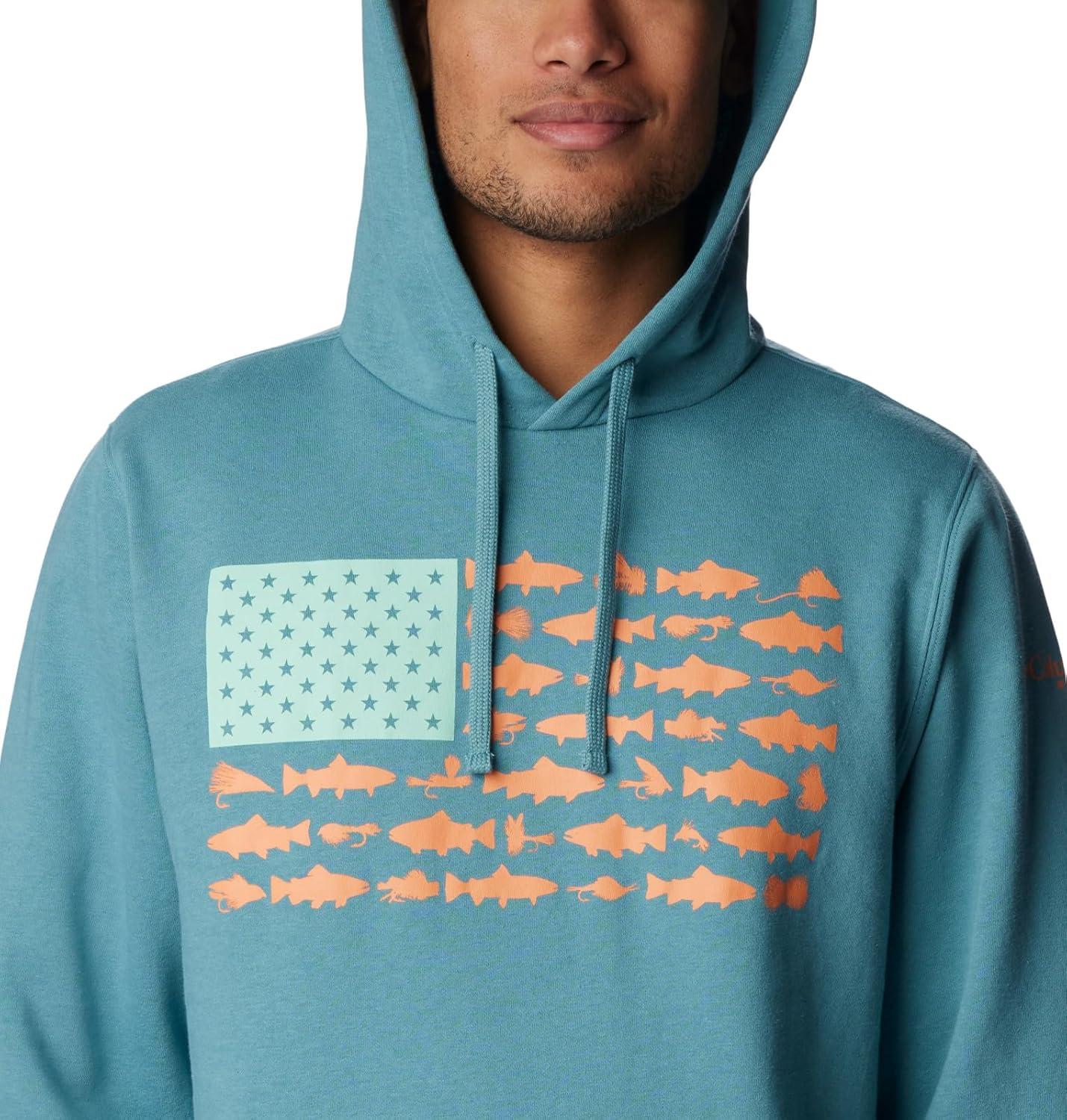 imageColumbia mens Pfg Fish Flag II HoodieTranquil TealOrange Reef Trout Flies