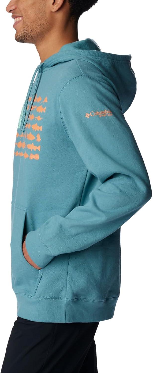 imageColumbia mens Pfg Fish Flag II HoodieTranquil TealOrange Reef Trout Flies