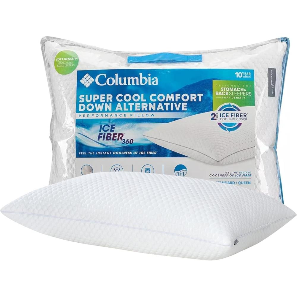 imageColumbia Comfort Ice Fiber Side Sleeper Down Alternative Bed Pillow with Polyester Fiberfill Supportive Cooling Double Sided Breathable Cover Back ampamp Stomach Sleeper StandardQueen Pack of 1Back Stomach Sleeper