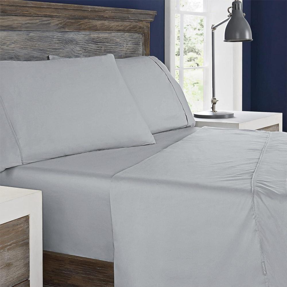imageColumbia Omni Freeze Super Soft Breathable MoistureWicking Cooling Sateen Flat Sheet Fitted Sheet and Pillow Case Set Luxury 4 Piece White Queen Bedsheets SetColumbia Grey