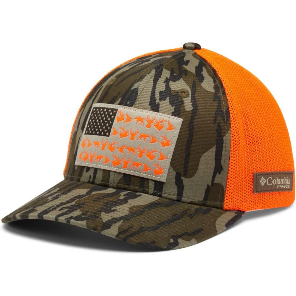 imageColumbia UnisexAdult PHG Camo Mesh Ball CapMossy Oak Bottomland Blaze Game Flag