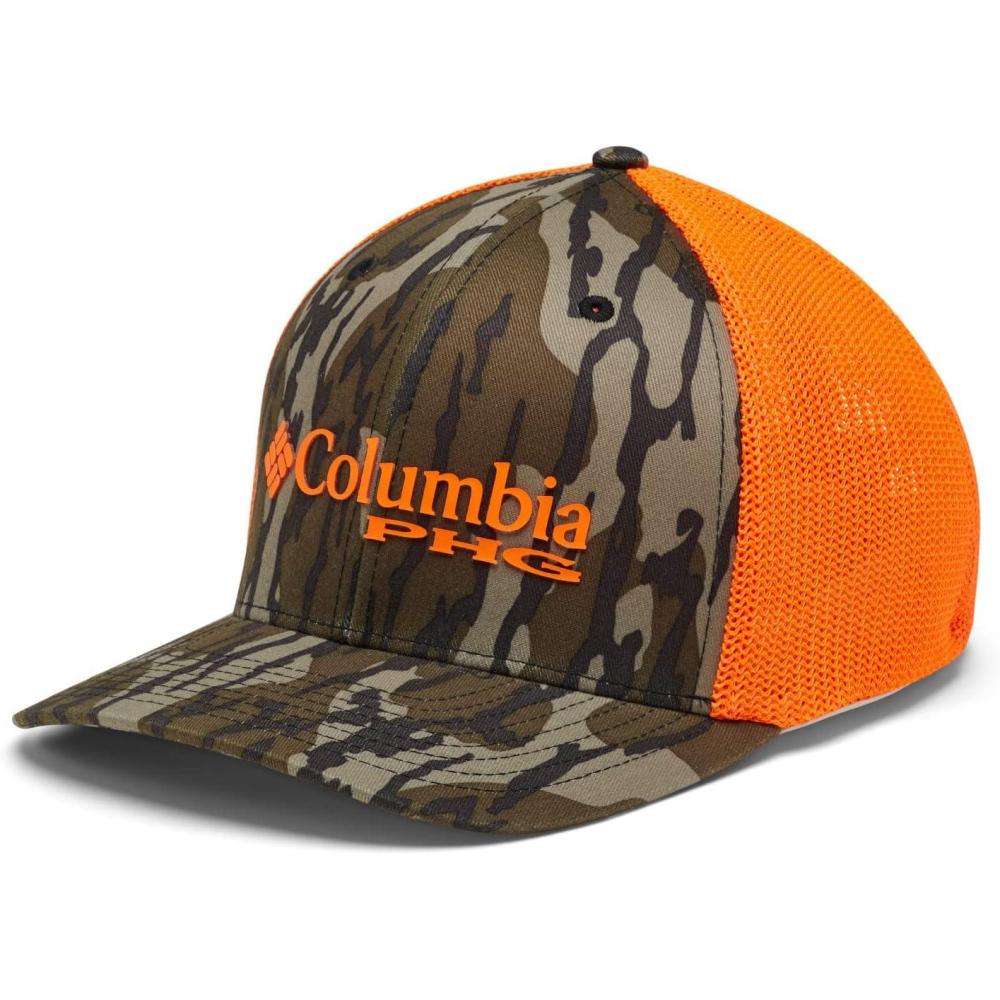 imageColumbia UnisexAdult PHG Camo Mesh Ball CapMossy Oak BottomlandBlaze Orange Logo
