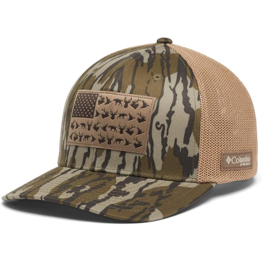 imageColumbia UnisexAdult PHG Camo Mesh Ball CapMossy Oak BottomlandGame Flag