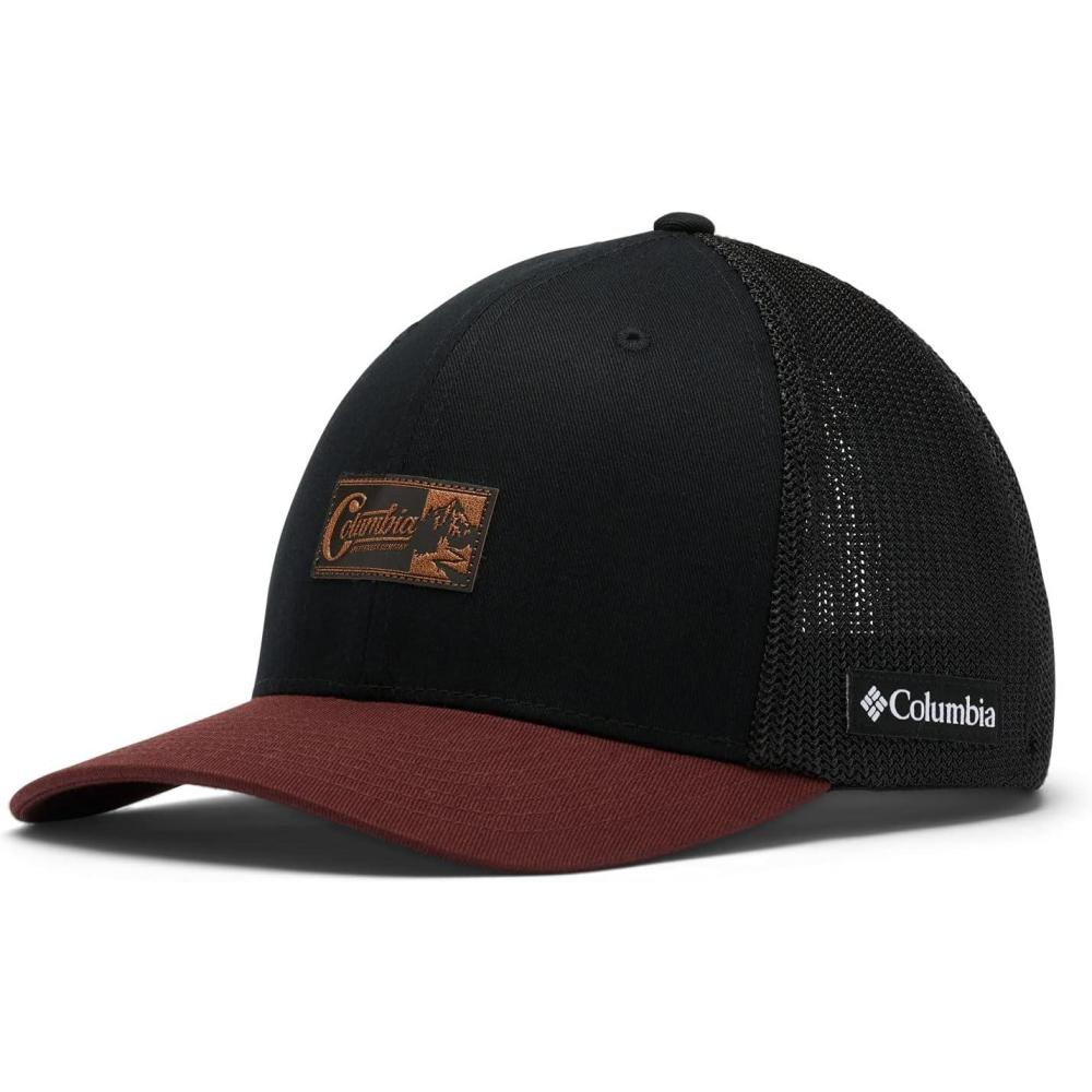 imageColumbia UnisexAdult Rugged Outdoor Mesh HatBaseball CapBlackRed Lodge Mountain Patch