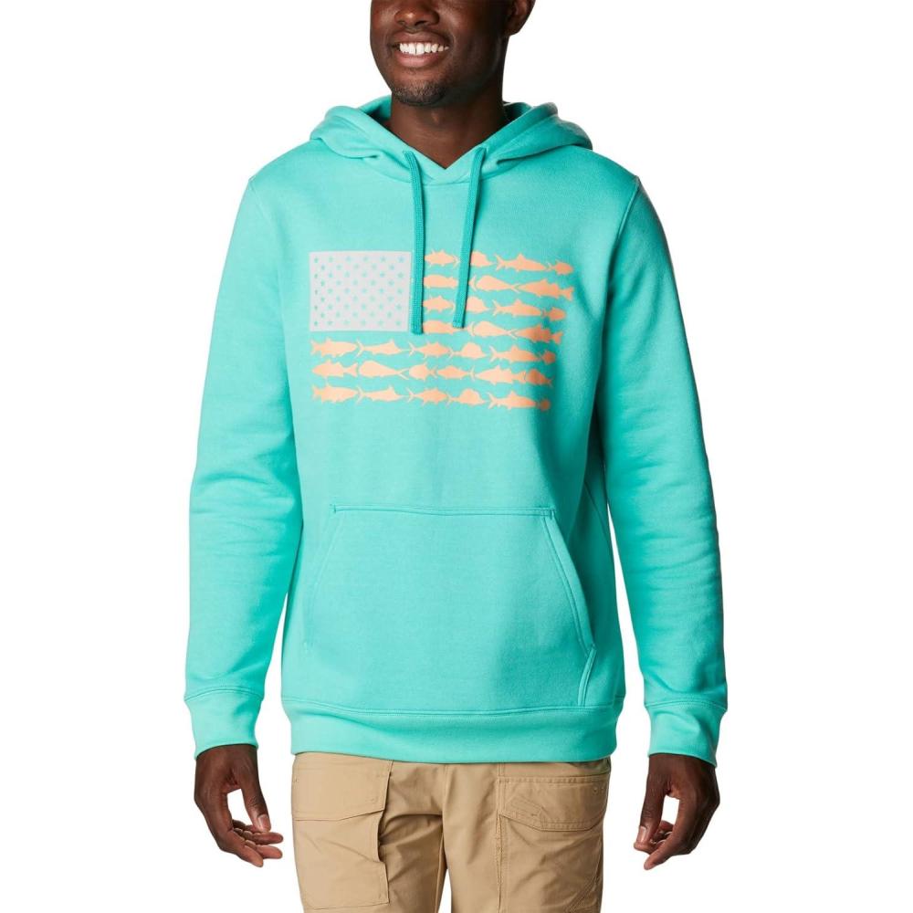imageColumbia mens Pfg Fish Flag II HoodieElectric TurquoiseBright Nectar Usa