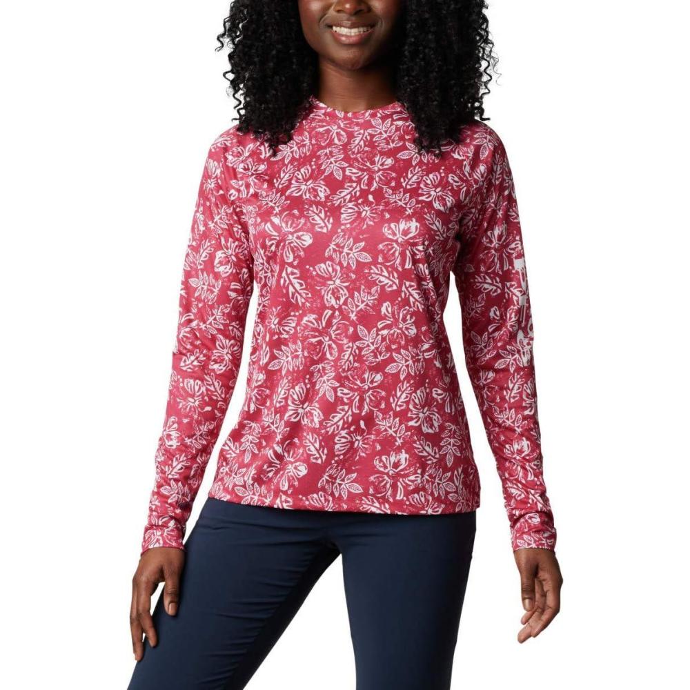 imageColumbia womens Super Tidal Tee Long SleeveRed Lily Archive Palms Print