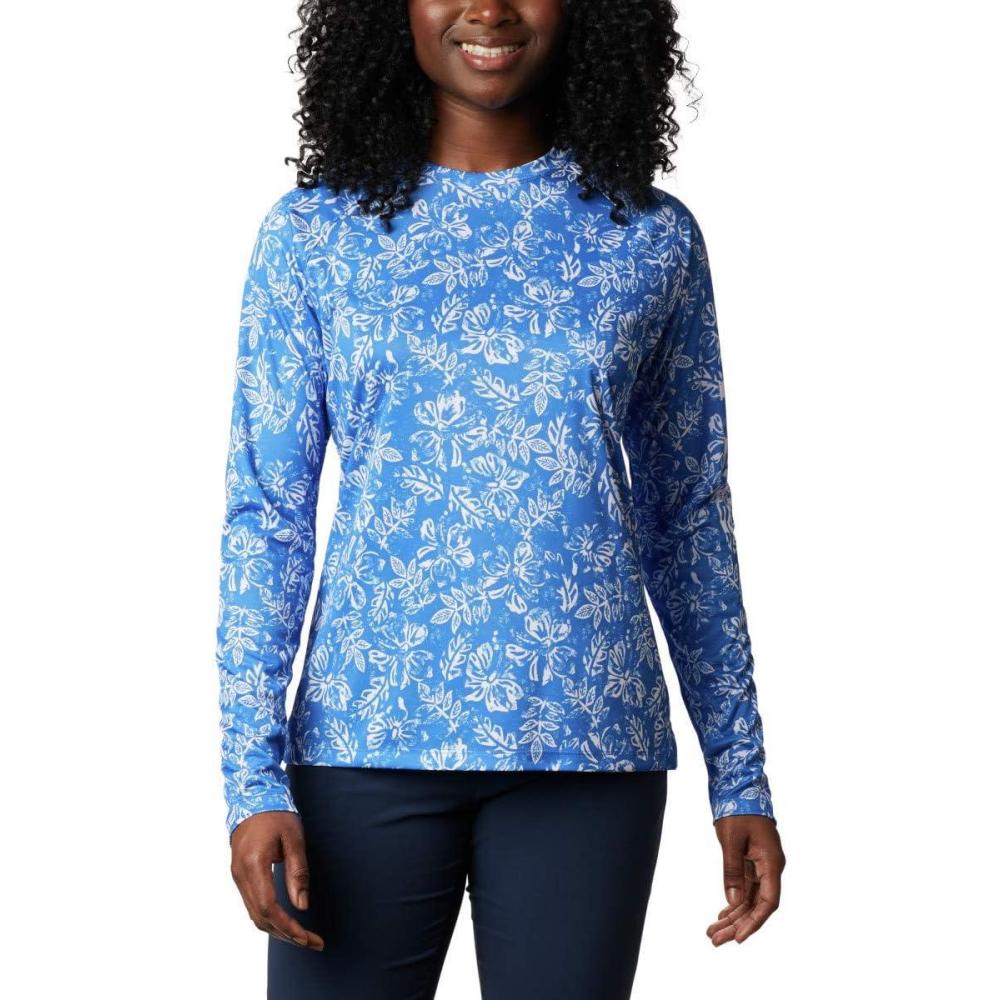 imageColumbia womens Super Tidal Tee Long SleeveStormy Blue Archive Palms Print