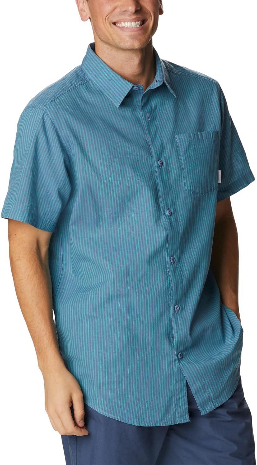 imageColumbia Mens Under Exposure Yarn Dye Short Sleeve ShirtElectric Turquoise Oxford Stripe