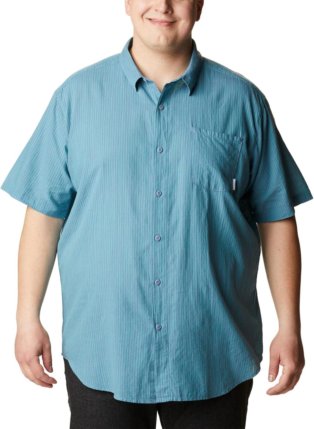 imageColumbia Mens Under Exposure Yarn Dye Short Sleeve ShirtElectric Turquoise Oxford Stripe