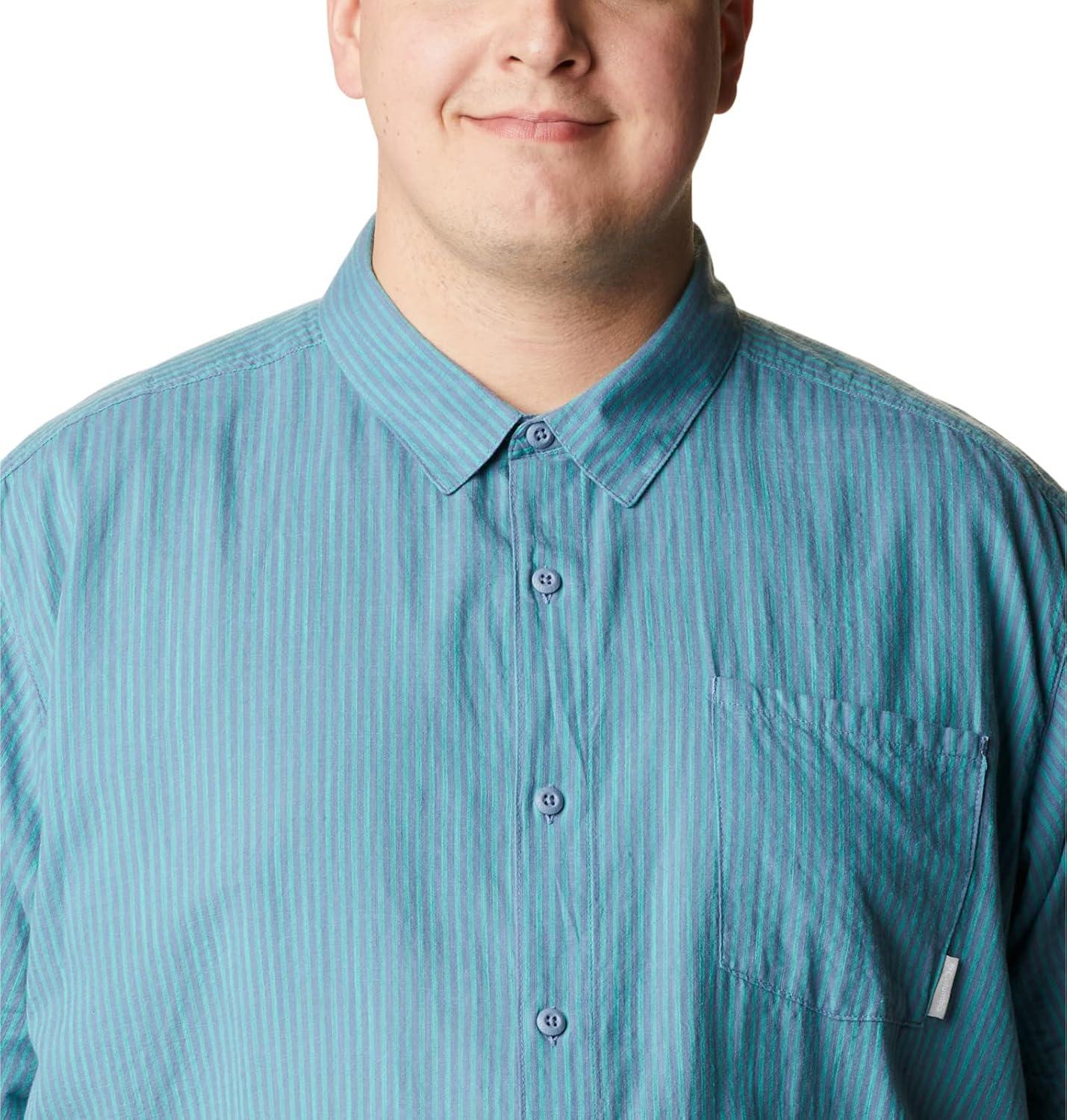 imageColumbia Mens Under Exposure Yarn Dye Short Sleeve ShirtElectric Turquoise Oxford Stripe