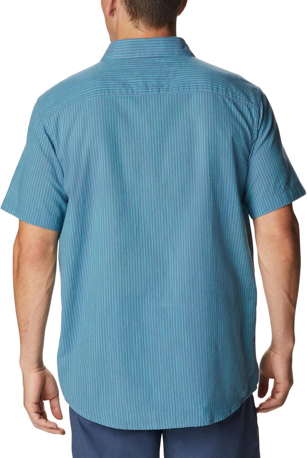 imageColumbia Mens Under Exposure Yarn Dye Short Sleeve ShirtElectric Turquoise Oxford Stripe