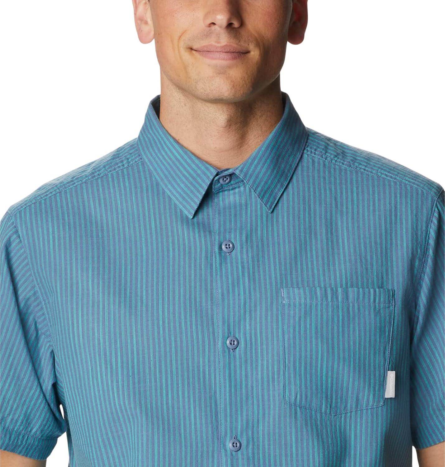 imageColumbia Mens Under Exposure Yarn Dye Short Sleeve ShirtElectric Turquoise Oxford Stripe