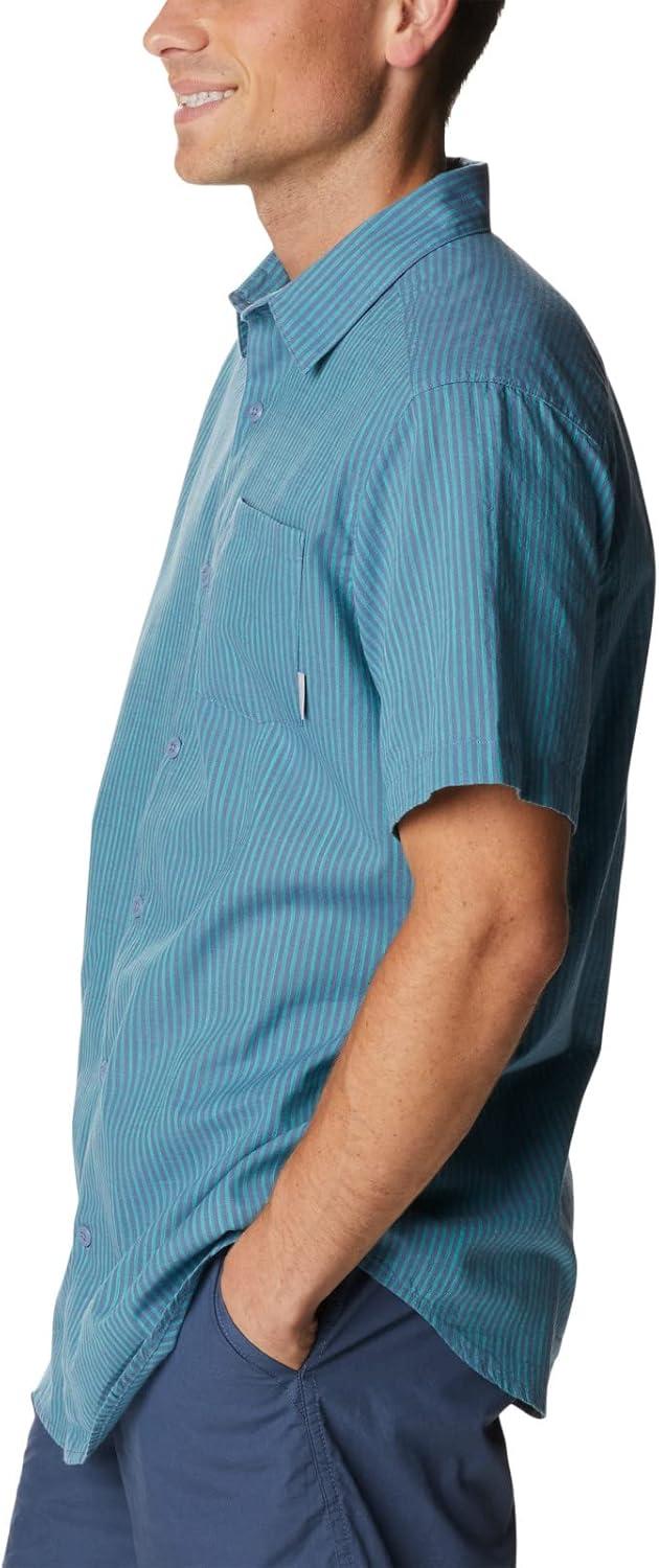 imageColumbia Mens Under Exposure Yarn Dye Short Sleeve ShirtElectric Turquoise Oxford Stripe