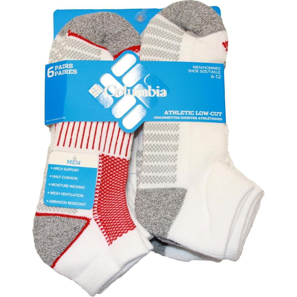 imageColumbia Mens 12 Cushion Quarter Arch Support Poly Blend Socks 6 PackWhiteRed