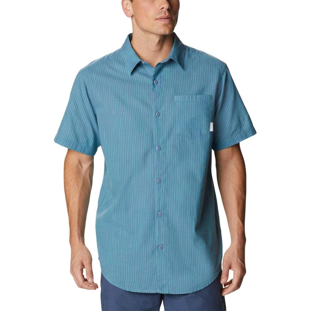 imageColumbia Mens Under Exposure Yarn Dye Short Sleeve ShirtElectric Turquoise Oxford Stripe
