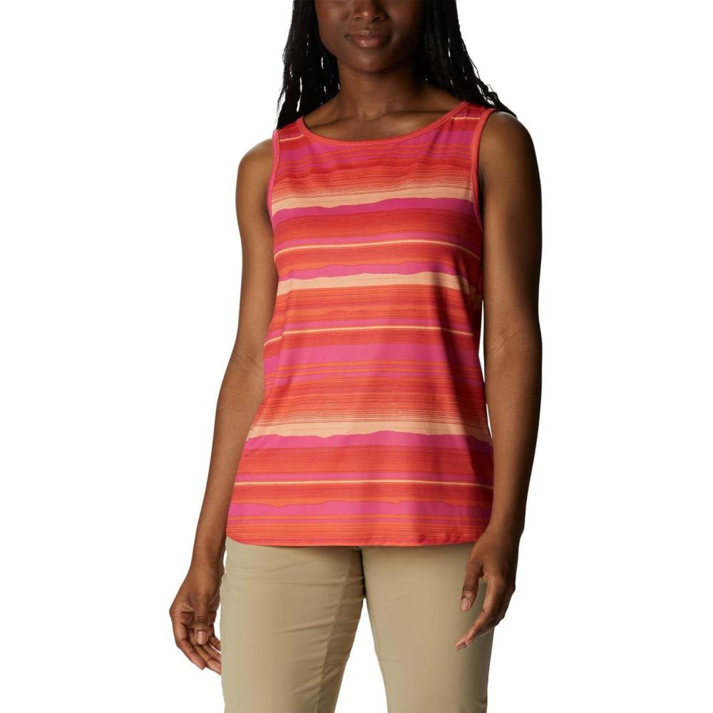 imageColumbia Womens Columbia Womens Chill River Tank Top Moisture Wicking Sun ProtectionSunset OrangeHorizons Stripe
