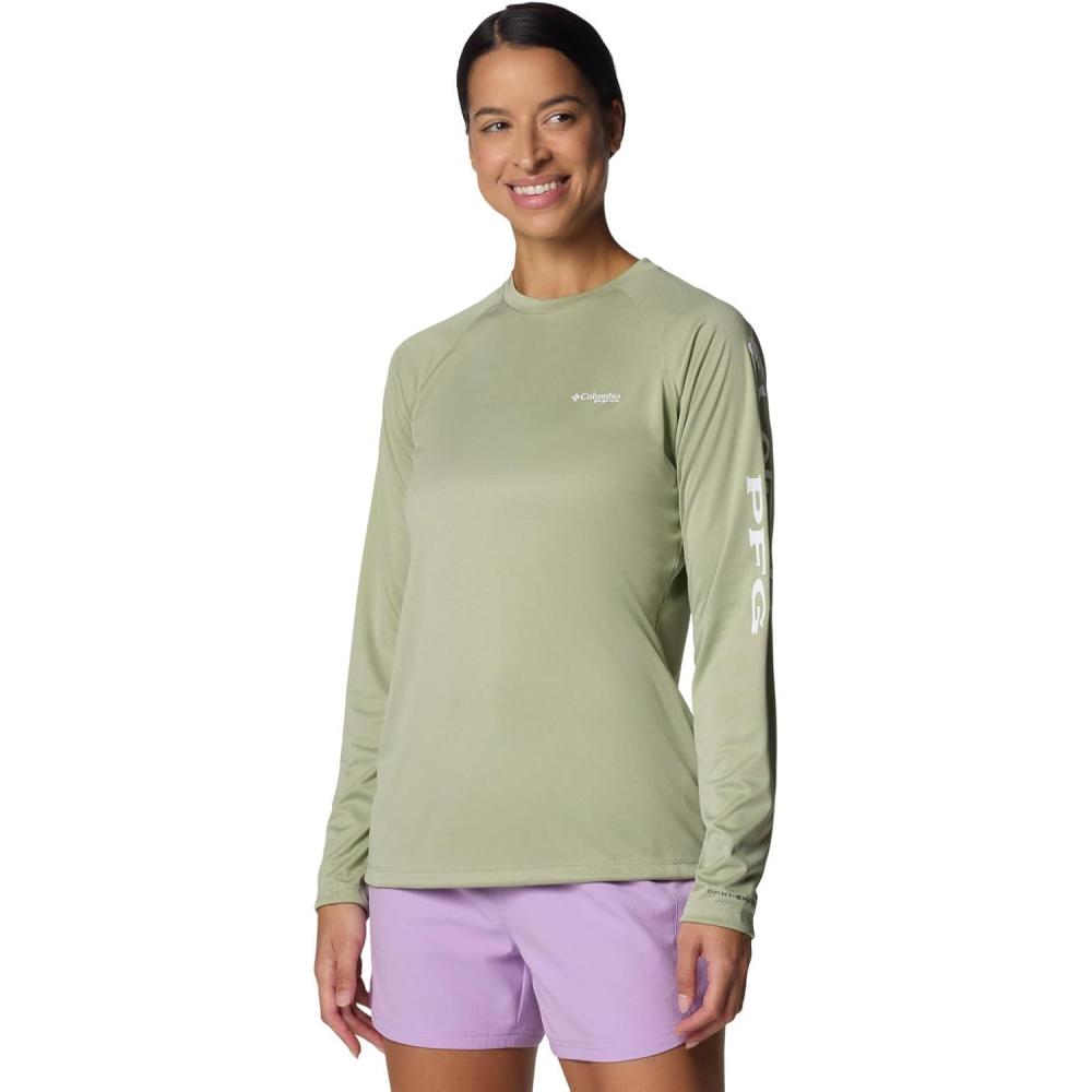 imageColumbia Womens Super Tidal Tee Long SleeveSmokey Sage HeatherWhite Logo