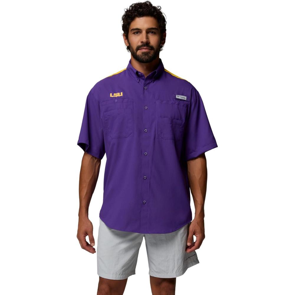 imageColumbia Mens Collegiate Tamiami Colorblock Short Sleeve ShirtLsu Vivid PurpleYellow