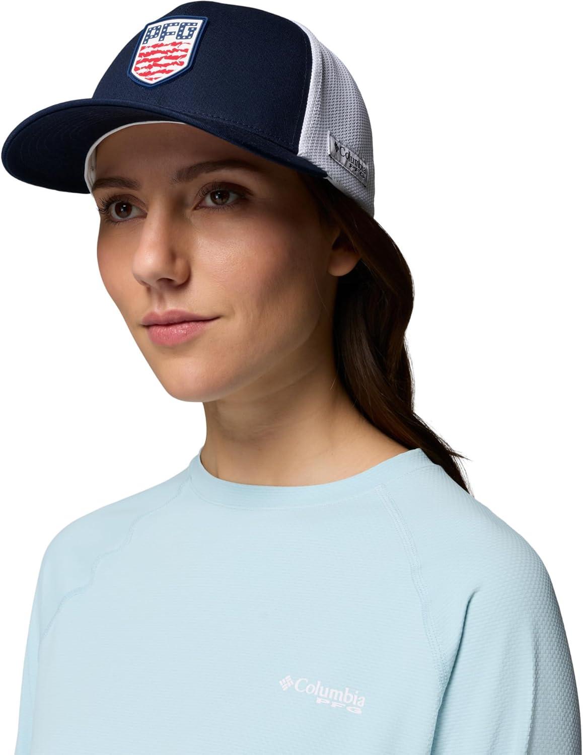 imageColumbia Unisex PFG Mesh 3D Stretch Snap BackCollegiate NavyAmericana Badge